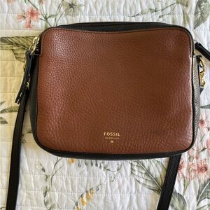 Fossil genuine leather brown and black crossbody bag with gold hardware